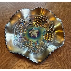 Carnival Glass Bowl Grape Vine Iridescent Ruffled Edge 7 Inch Candy Nut Dish